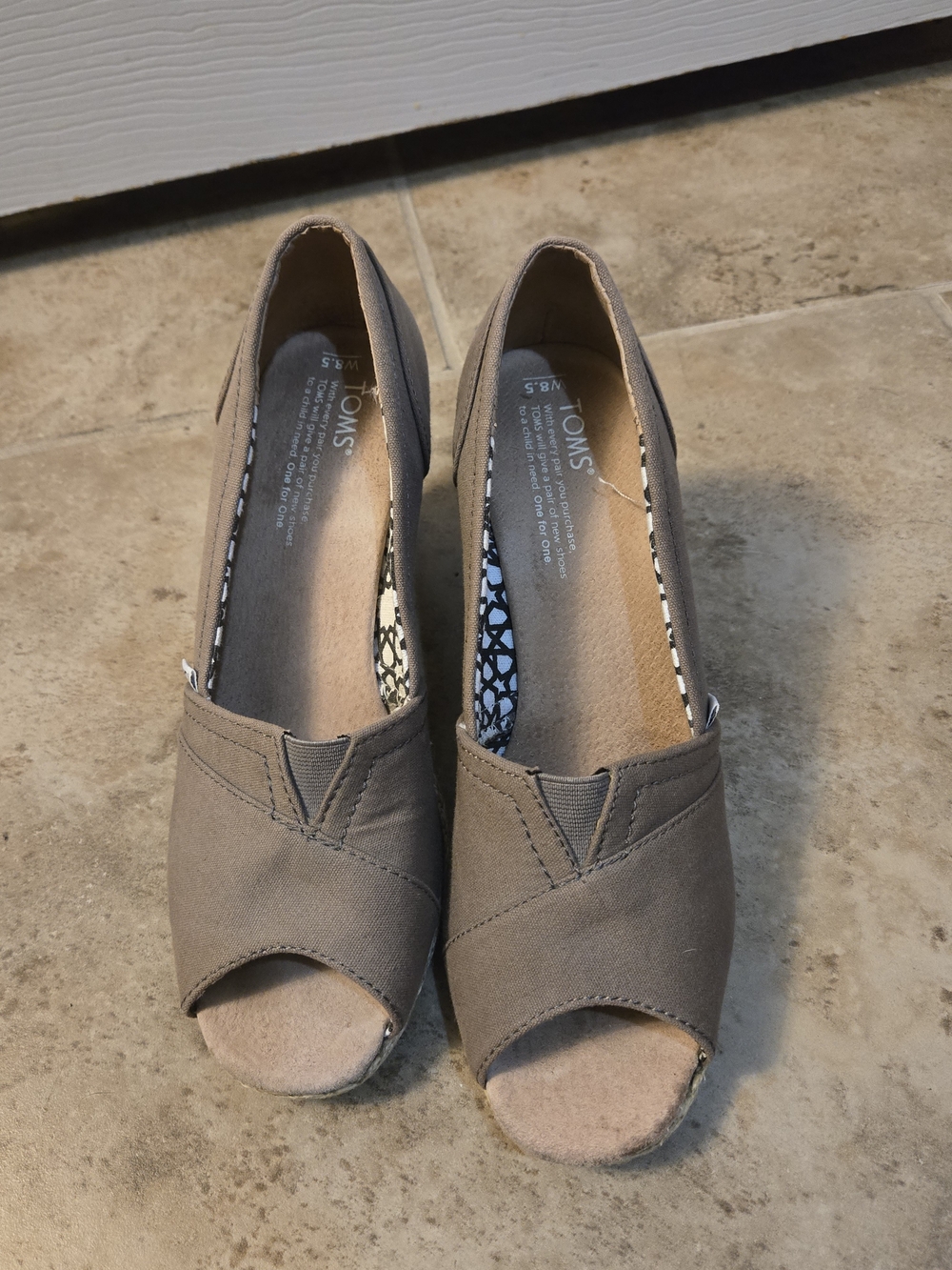 TOMS Taupe Canvas Peep-Toe Wedges